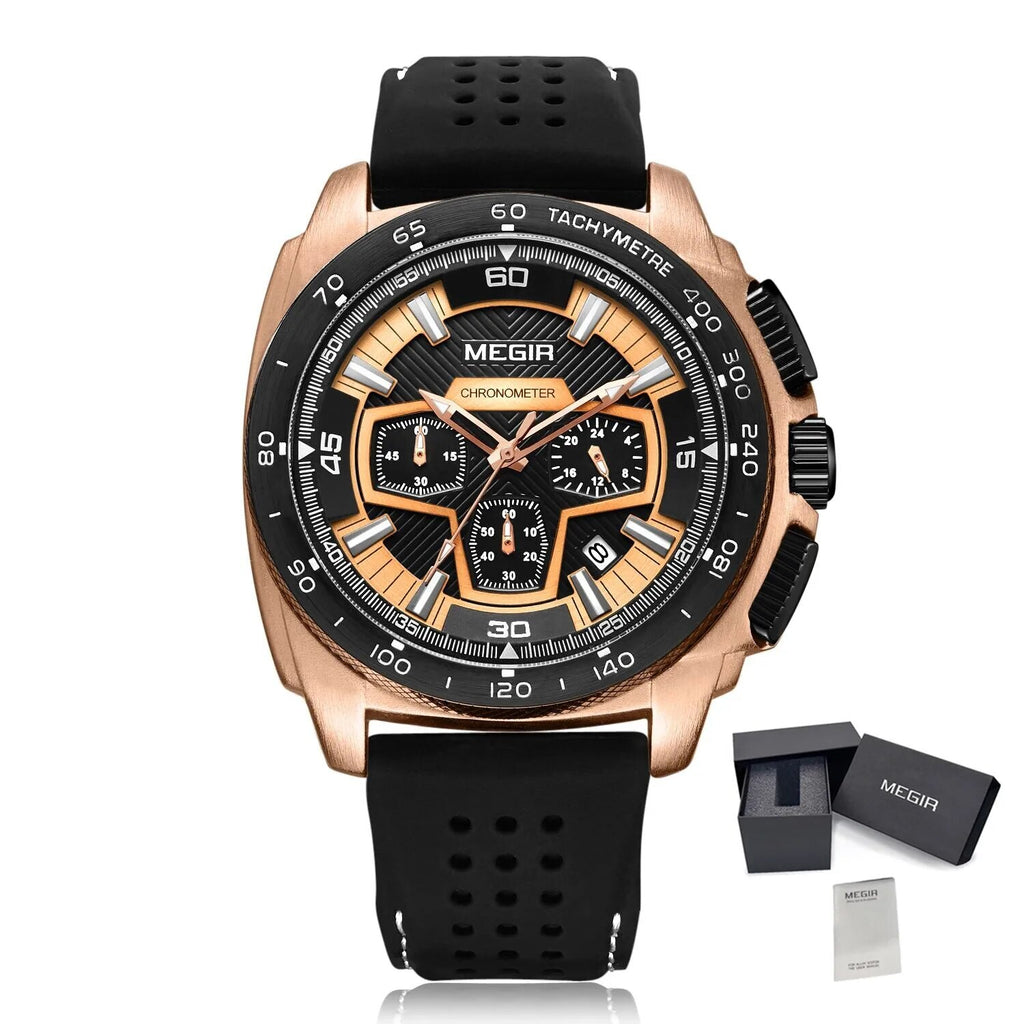 MEGIR Chronograph Men Sport Watches Fashion Silicone Strap Military Quartz Wristwatch Clock Relogio Masculino 2056-15