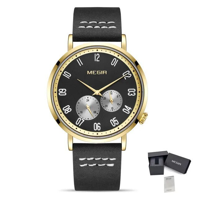 MEGIR Fashion Casual Men Watches Luxury Leather Quartz Sport Wristwatch Waterproof Luminous Clock Large Dial Relogio Masculino 1083-20