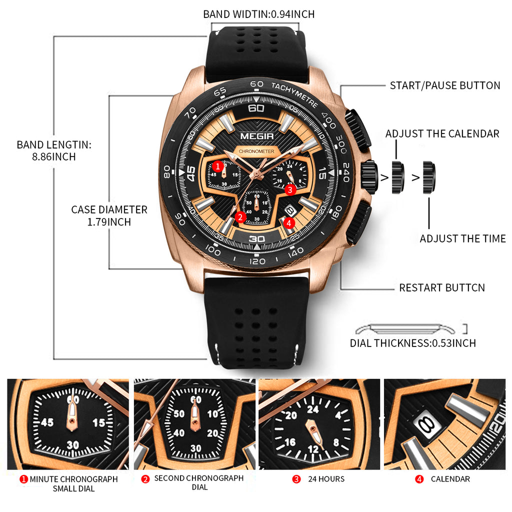 MEGIR Chronograph Men Sport Watches Fashion Silicone Strap Military Quartz Wristwatch Clock Relogio Masculino 2056-8