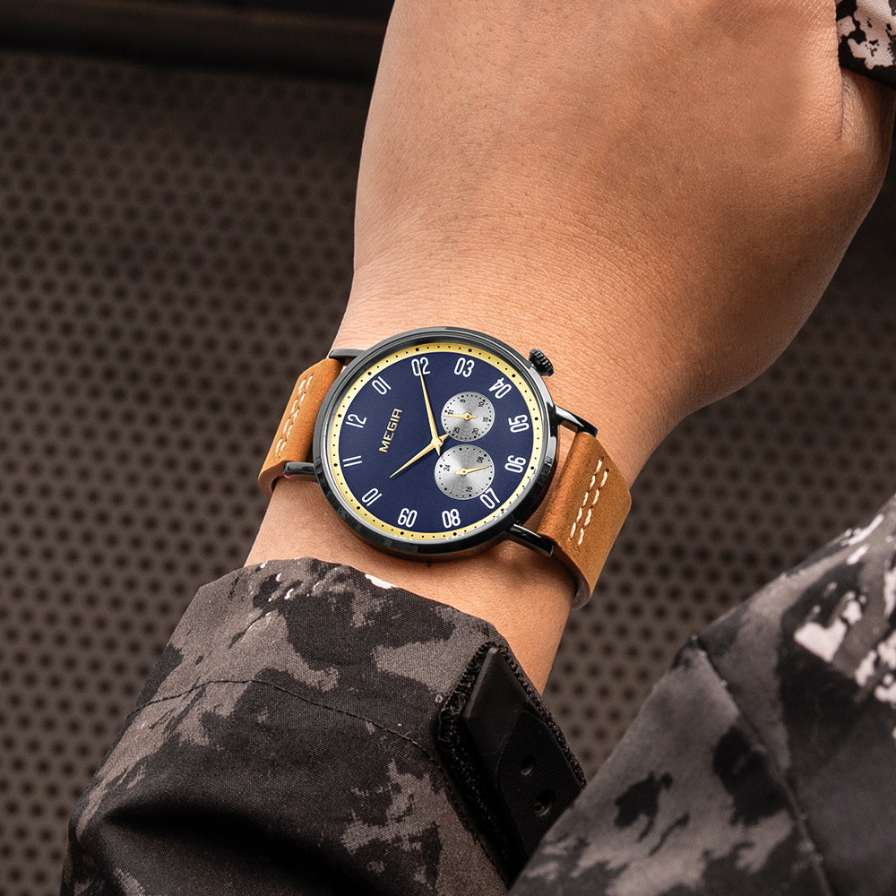 MEGIR Fashion Casual Men Watches Luxury Leather Quartz Sport Wristwatch Waterproof Luminous Clock Large Dial Relogio Masculino 1083-2