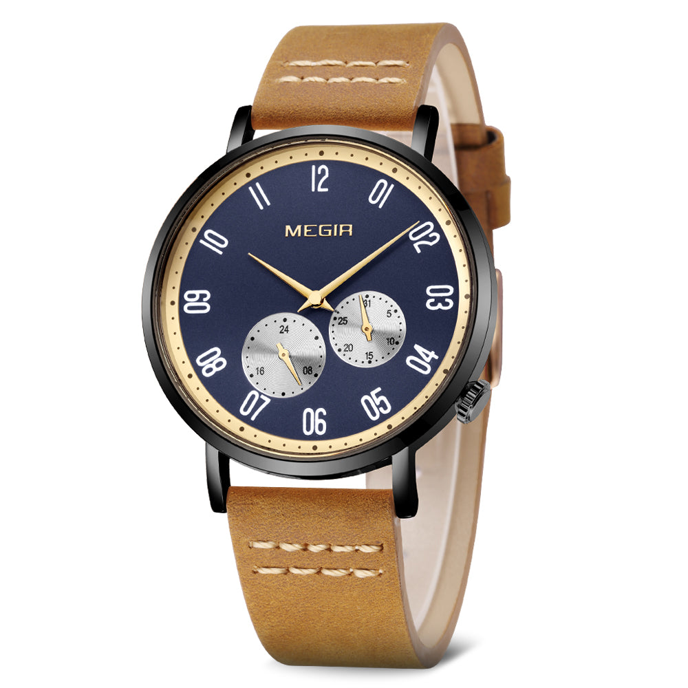 MEGIR Fashion Casual Men Watches Luxury Leather Quartz Sport Wristwatch Waterproof Luminous Clock Large Dial Relogio Masculino 1083-13