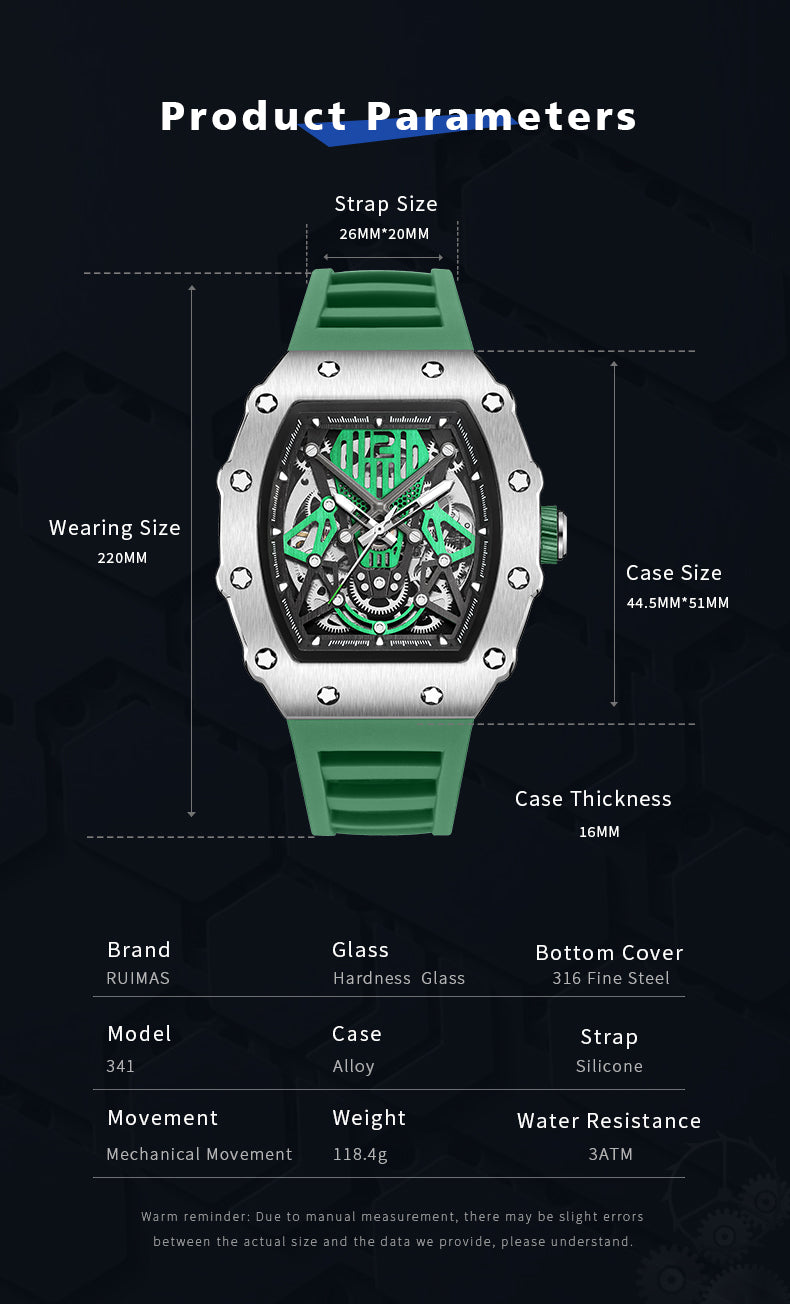 RUIMAS Luxury Watch Men Fashion Automatic Mechanical Watches Clock Silicone Strap Sport Casual Wristwatch Big Dial Reloj Hombre 341-10