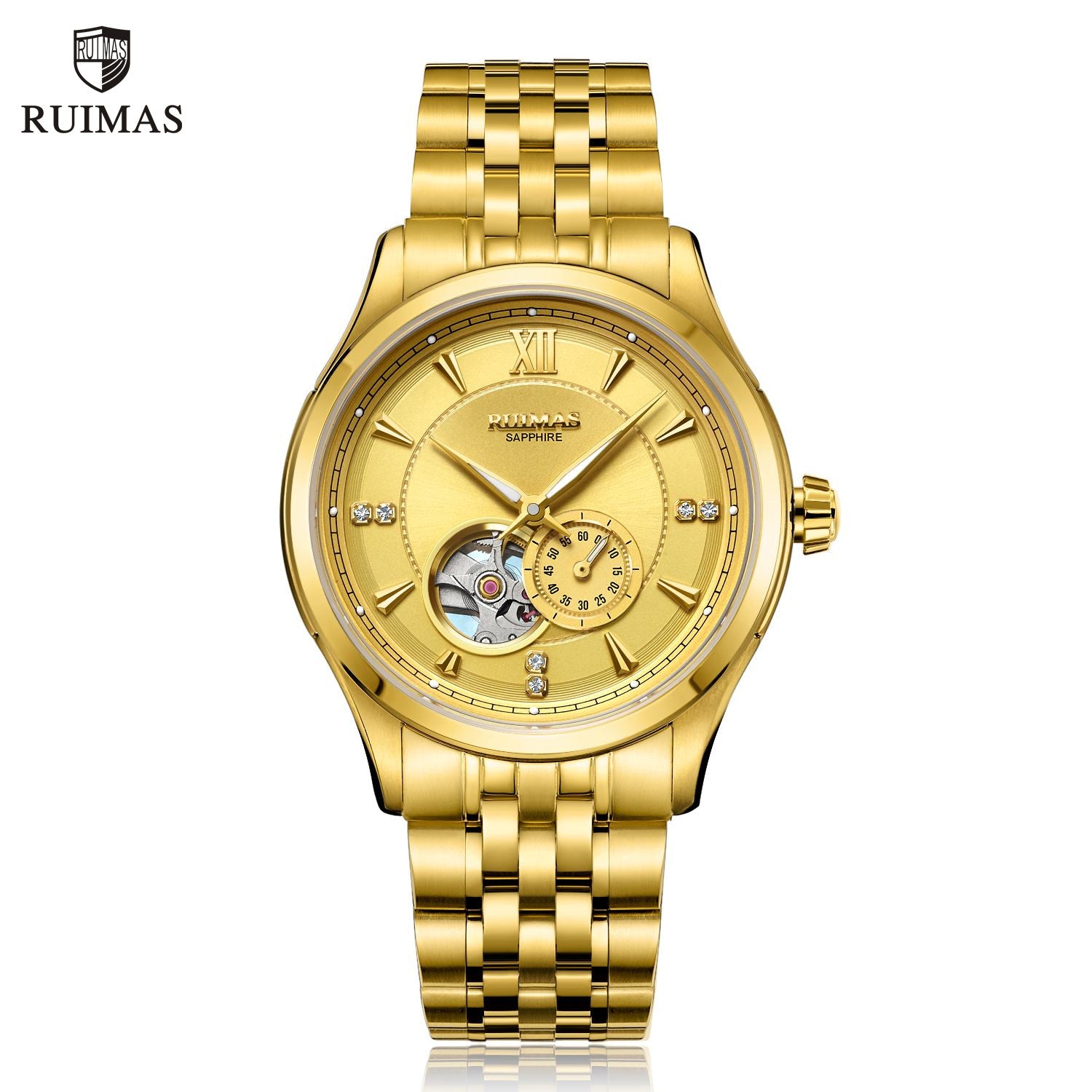 RUIMAS Luxury Men Mechanical Watches Sapphire Glass Stainless Steel Bracelet Business Casual WristWatch Clock Montre Homme 6736-0