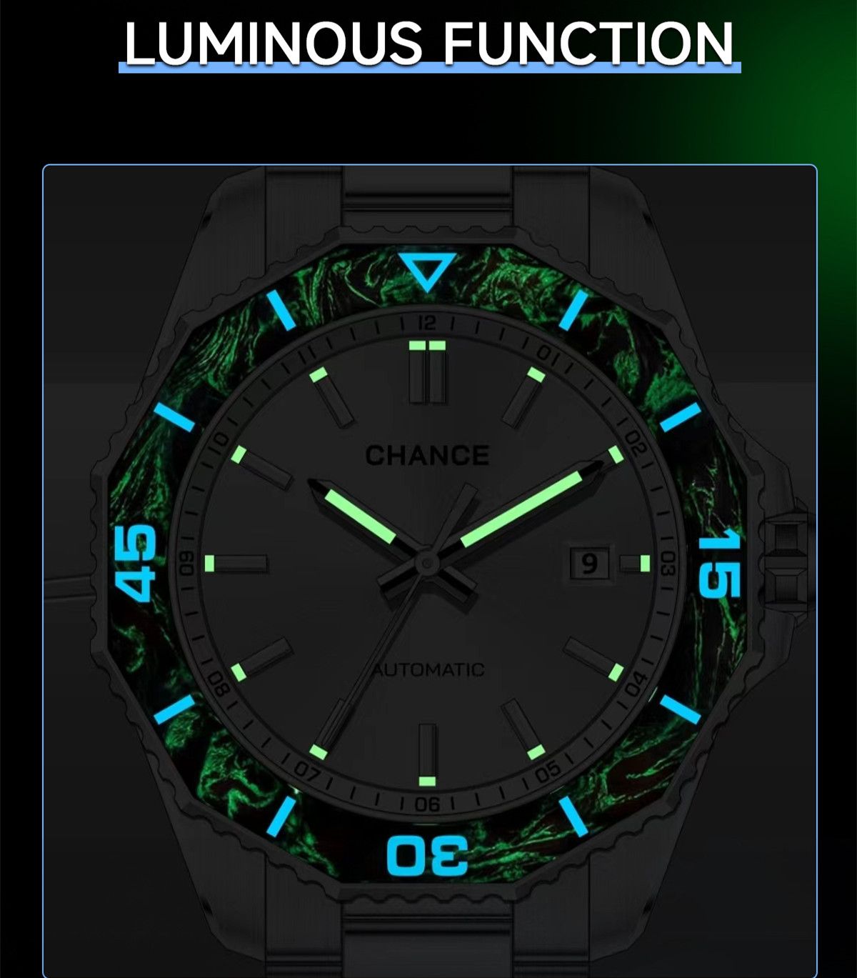 CHANCE Automatic Mechanical Watches Movement 10Bar Waterproof Stainless Steel Sapphire Glass Business Wristwatch Clock 9102