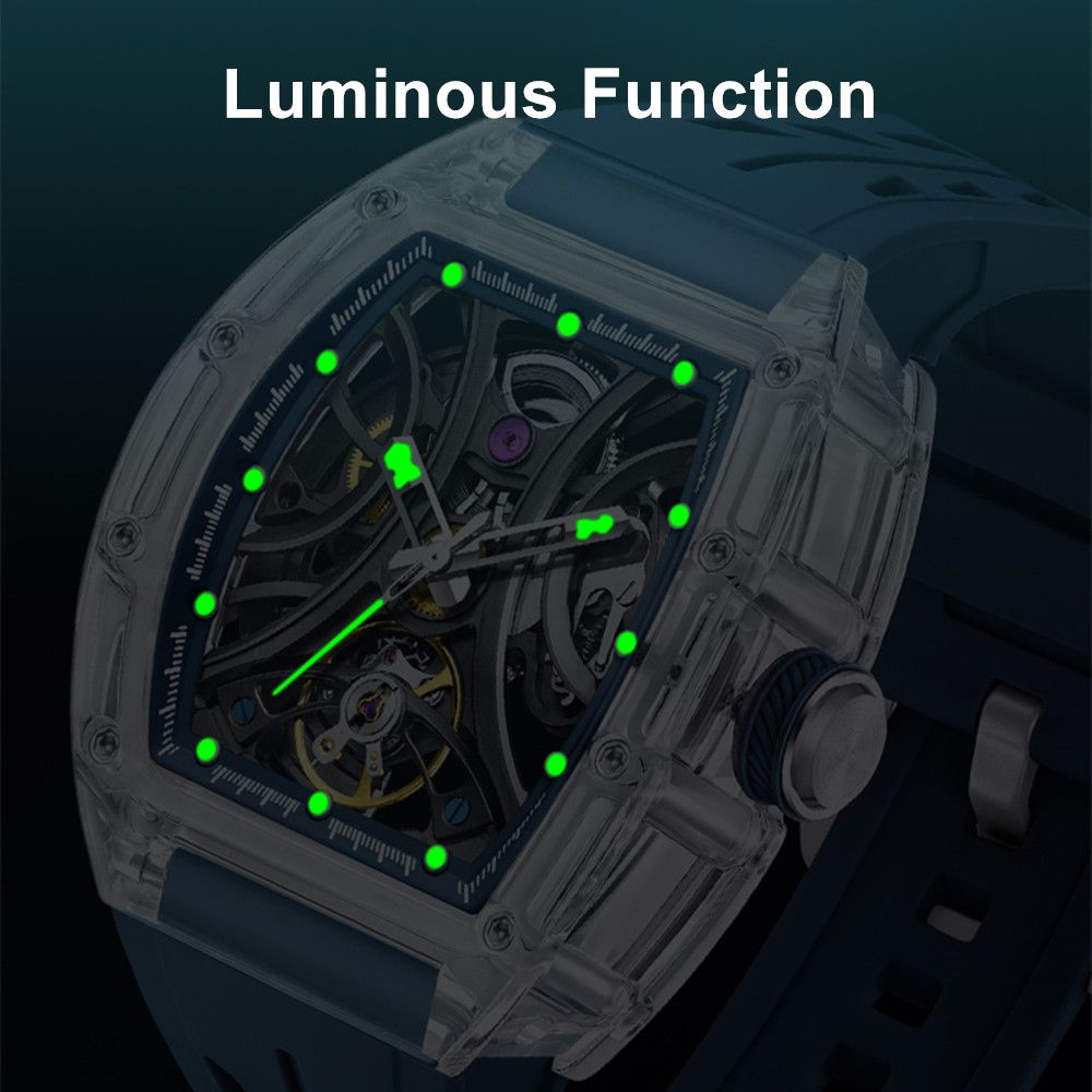 Automatic Sport Watch for Men Transparent 43MM Hollow Dial Mechanical Movment Wristwatch Waterproof Luminous Clock 9195-11