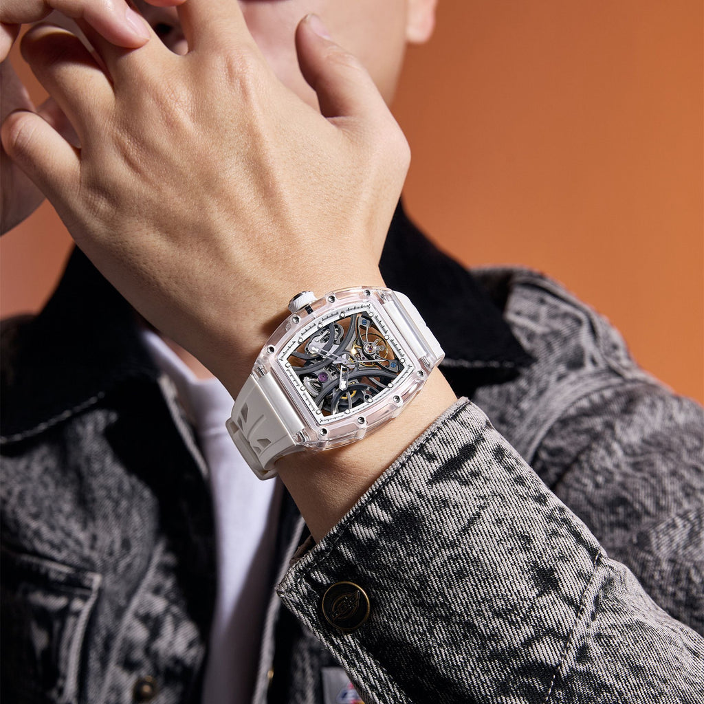 Automatic Sport Watch for Men Transparent 43MM Hollow Dial Mechanical Movment Wristwatch Waterproof Luminous Clock 9195-11