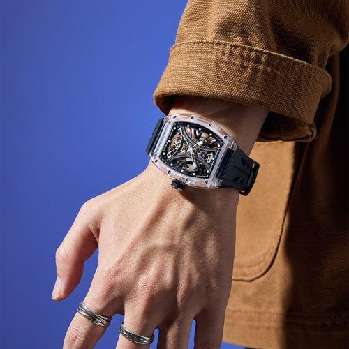 Automatic Sport Watch for Men Transparent 43MM Hollow Dial Mechanical Movment Wristwatch Waterproof Luminous Clock 9195-11