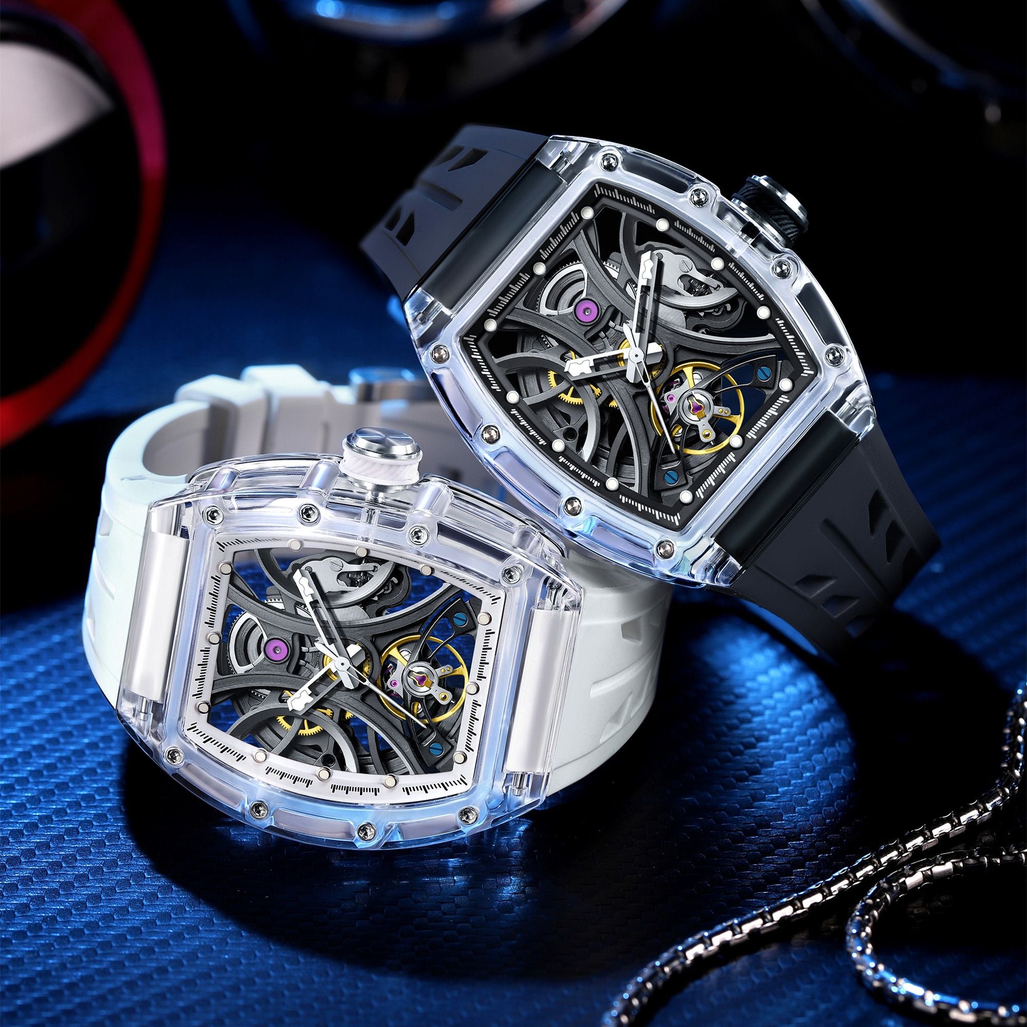 Automatic Sport Watch for Men Transparent 43MM Hollow Dial Mechanical Movment Wristwatch Waterproof Luminous Clock 9195-11