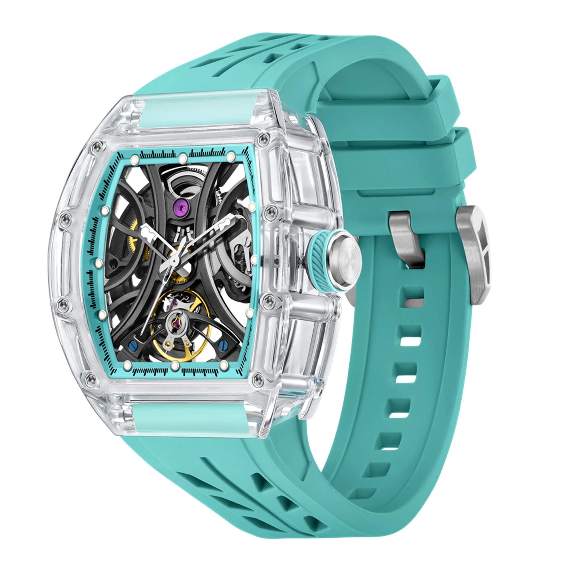 Automatic Sport Watch for Men Transparent 43MM Hollow Dial Mechanical Movment Wristwatch Waterproof Luminous Clock 9195-11