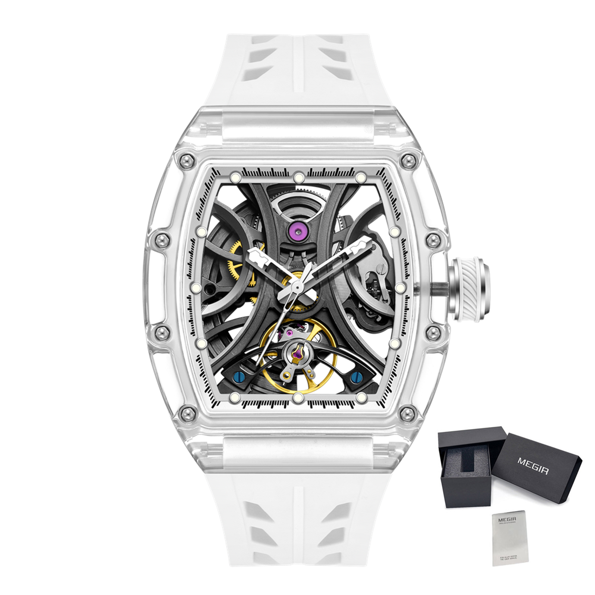 Automatic Sport Watch for Men Transparent 43MM Hollow Dial Mechanical Movment Wristwatch Waterproof Luminous Clock 9195-11