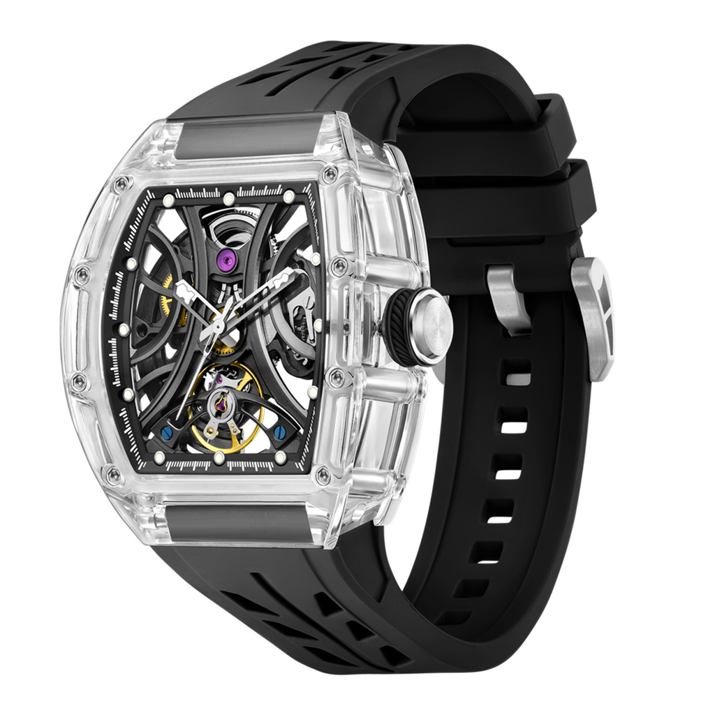 Automatic Sport Watch for Men Transparent 43MM Hollow Dial Mechanical Movment Wristwatch Waterproof Luminous Clock 9195-11