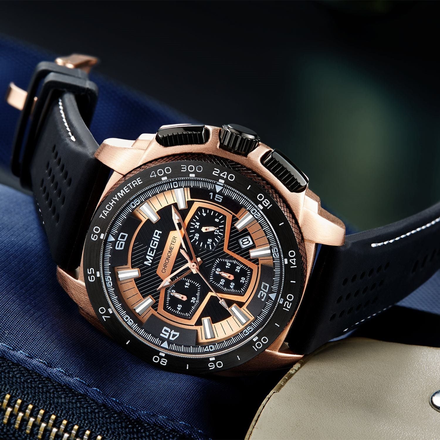 MEGIR Chronograph Men Sport Watches Fashion Silicone Strap Military Quartz Wristwatch Clock Relogio Masculino 2056-6