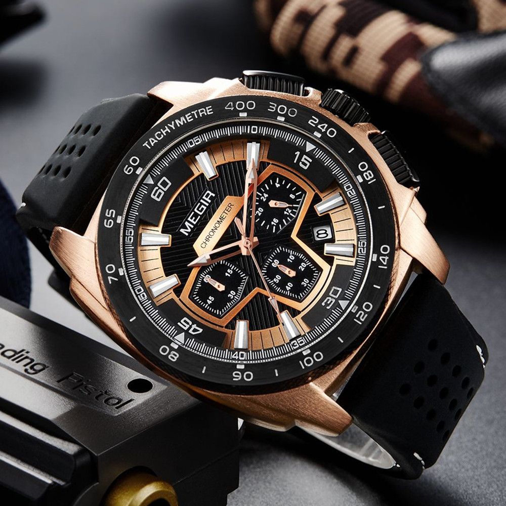 MEGIR Chronograph Men Sport Watches Fashion Silicone Strap Military Quartz Wristwatch Clock Relogio Masculino 2056-5